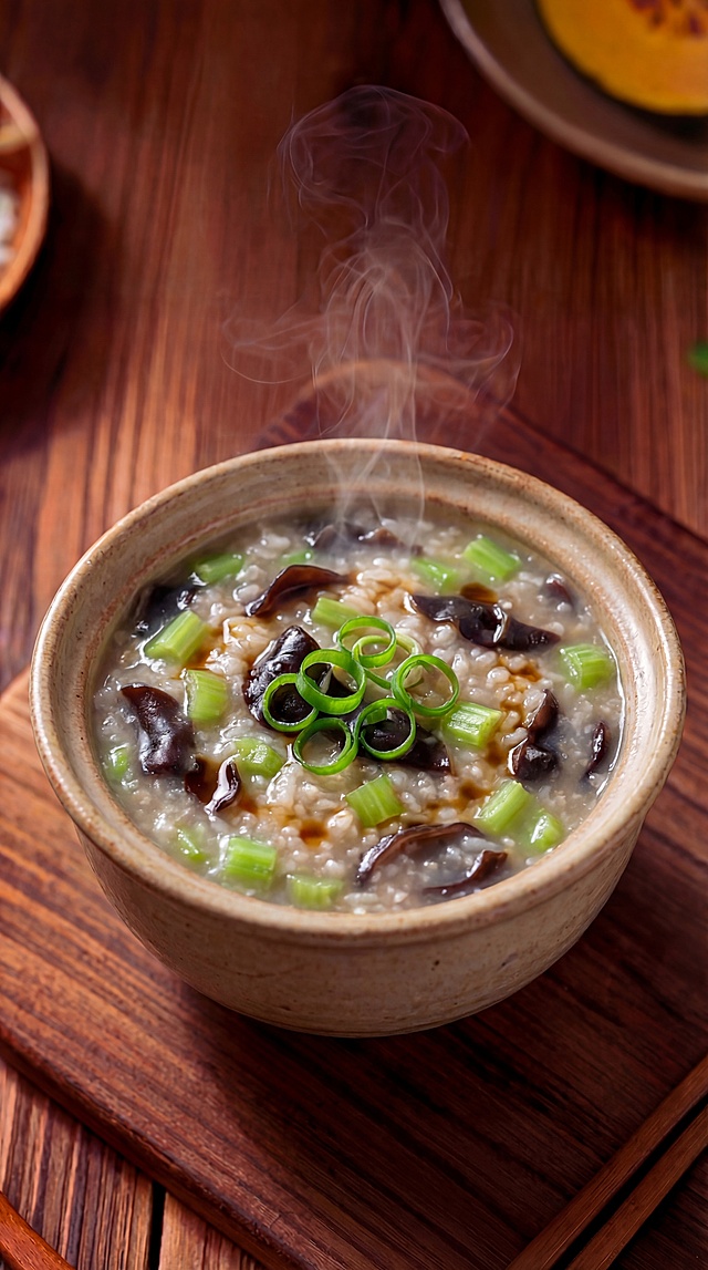 将碗中的山药鸡蛋羹替换为黑木耳芹菜粥，粥中可见清晰的黑木耳碎和芹菜丁，营养健康有食欲，其余画面元素保持不变