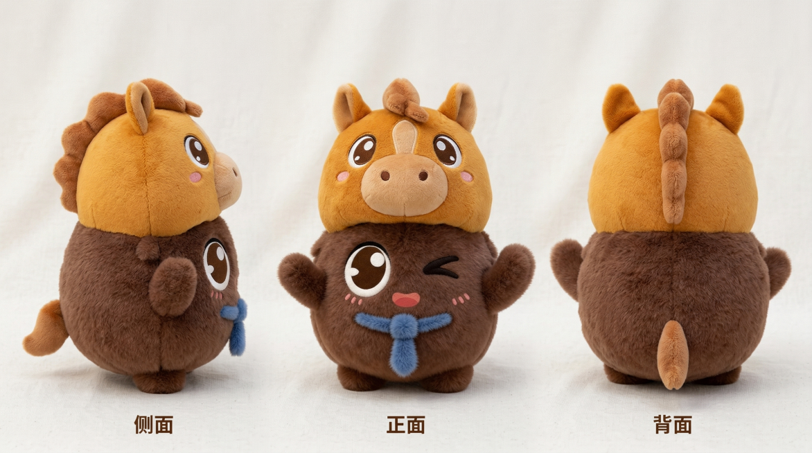 保持原棕色毛绒角色的整体造型不变，将角色头上的香蕉替换为马年毛绒质感、亮棕黄色的Q萌可爱马头卡通头套，展示角色全身完整造型，生成三视图（正视图、侧视图、后视图），画面风格统一为毛绒玩偶质感，整体清晰美预览效果
