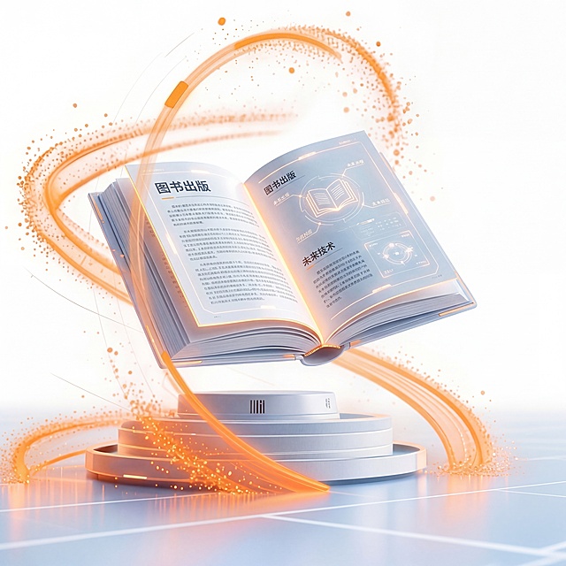 未来感与科技感交织的3D书本悬浮于光影粒子环绕的展台，金属质感与虚拟现实元素融合，展现图书出版的智能进化。