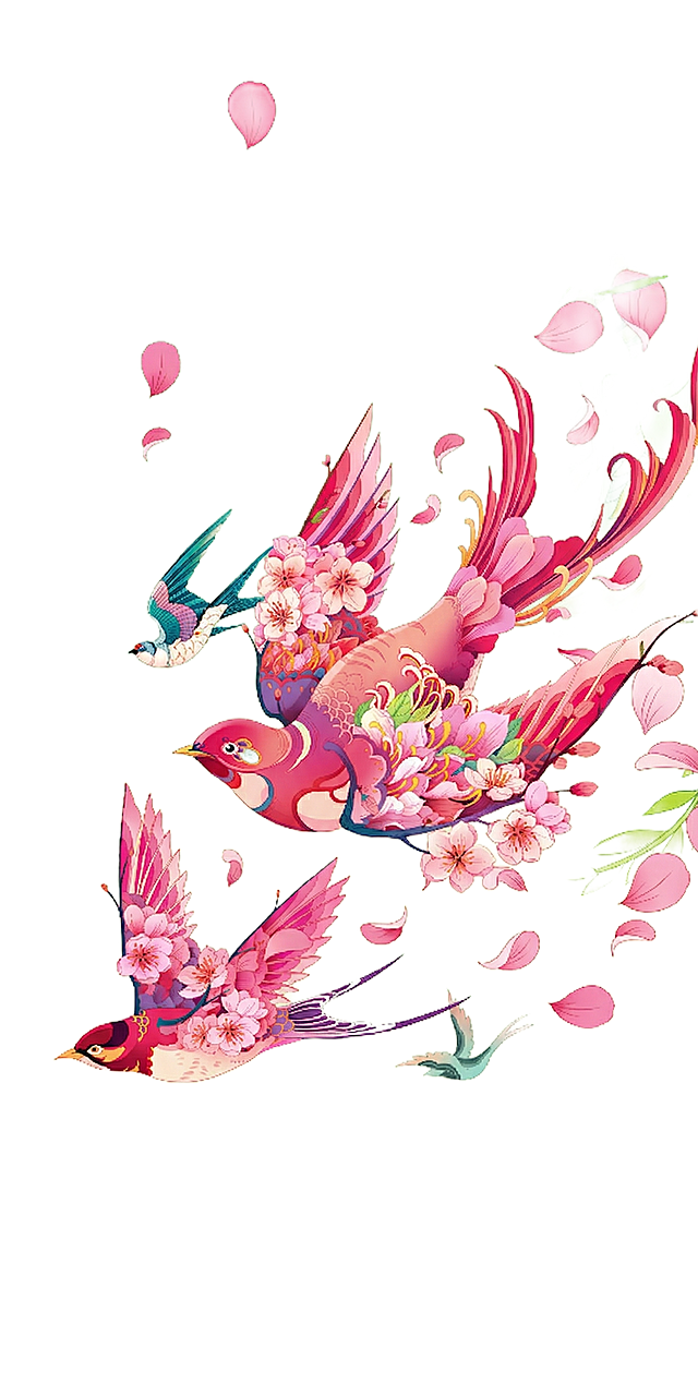 去掉图片最上方最大的那只燕子，保留其他燕子和整体国潮花卉插画风格，保持渐变浅绿色背景和整体构图不变，保留右下角的文字标识