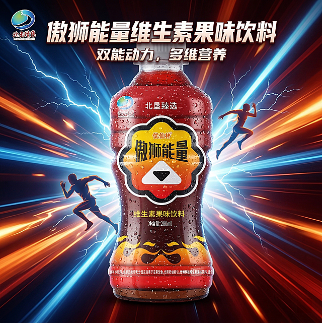 将傲狮能量维生素果味饮料瓶放置在画面中心C位，保持产品原有Logo、文字和物理结构不变。背景为动感能量爆发场景，包含闪电、光束和运动剪影，视觉冲击力强。瓶身添加清晰真实的凝结水珠效果，整体使用高对比度红蓝橙配色，经典侧逆光勾勒产品轮廓，商业高调摄影，画面富有冲击力和层次感。添加主题文案"傲狮能量维生素果味饮料"和副标题"双能动力，多维营养"。西方面孔,金发,深眼窝,雀斑,杂乱房间,死黑阴影,硬光,乡村风,瓶身扭曲,Logo变形,内部液化,干瘪,多余的盖子,缺失的部件,悬浮的物体,变形的手柄,摄影灯,柔光箱,三脚架,水印,昏暗光线,畸变透视,比例失调