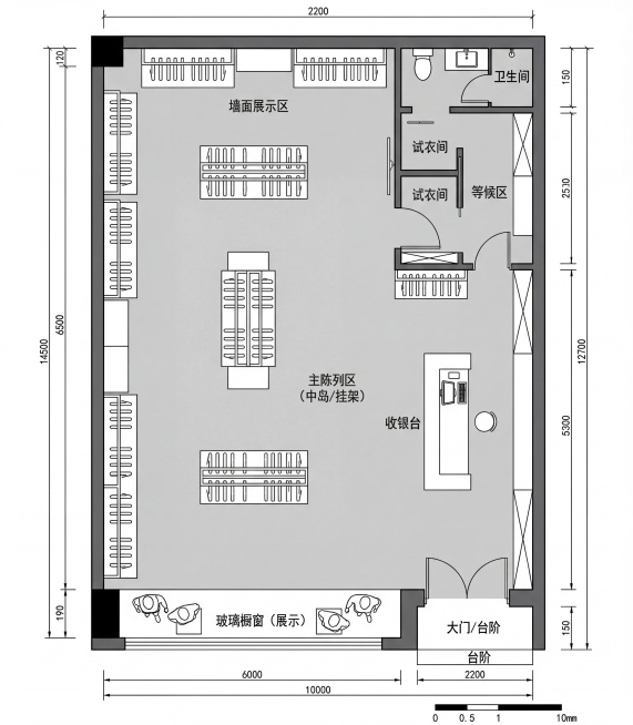 基于原始户型图生成70-80平米服装店室内平面布局设计图，原始格局右下角是大门带台阶，左下是玻璃橱窗，右上是卫生间，设计合理的试衣区、陈列货架、收银台位置，清晰标注各个功能区域，专业室内设计平面图风格预览效果
