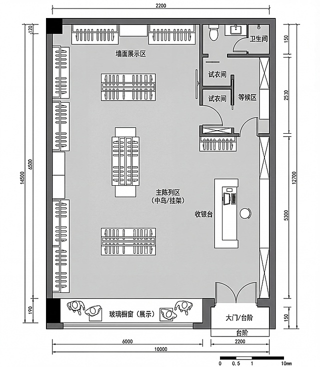 基于原始户型图生成70-80平米服装店室内平面布局设计图，原始格局右下角是大门带台阶，左下是玻璃橱窗，右上是卫生间，设计合理的试衣区、陈列货架、收银台位置，清晰标注各个功能区域，专业室内设计平面图风格