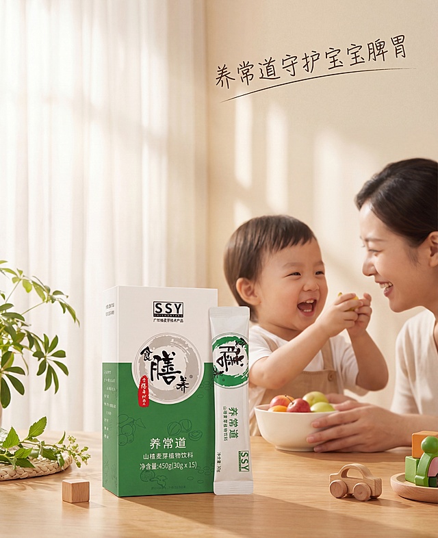 将食膳养养常道山楂麦芽植物饮料产品自然融入温馨亲子场景，画面添加文字"养常道守护宝宝脾胃"，保持产品原有Logo和文字内容不变，保持主体物理结构不变，强制保留产品包装盒和独立包装袋两个组件。采用温馨治愈的暖调氛围，商业高调摄影，透光窗帘柔和漫射光，低对比度，整体明亮干净通透。前中后景层次，三分法构图，加入可爱宝宝元素和清新绿植作为生机点缀，产品自然摆放，光影匹配背景光源，生成符合物理规律的投影和环境色漫反射，消除抠图白边，实现自然融合。负向提示词：瓶身扭曲，Logo变形，文字错误，缺失部件，西方面孔，杂乱房间，死黑阴影，硬光，高对比度