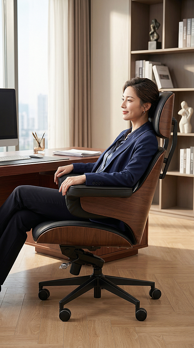 办公室实体拍摄场景，一位美女坐在这款黑棕木纹的真皮办公按摩椅上，风格写实自然，光影柔和清晰，商务办公氛围