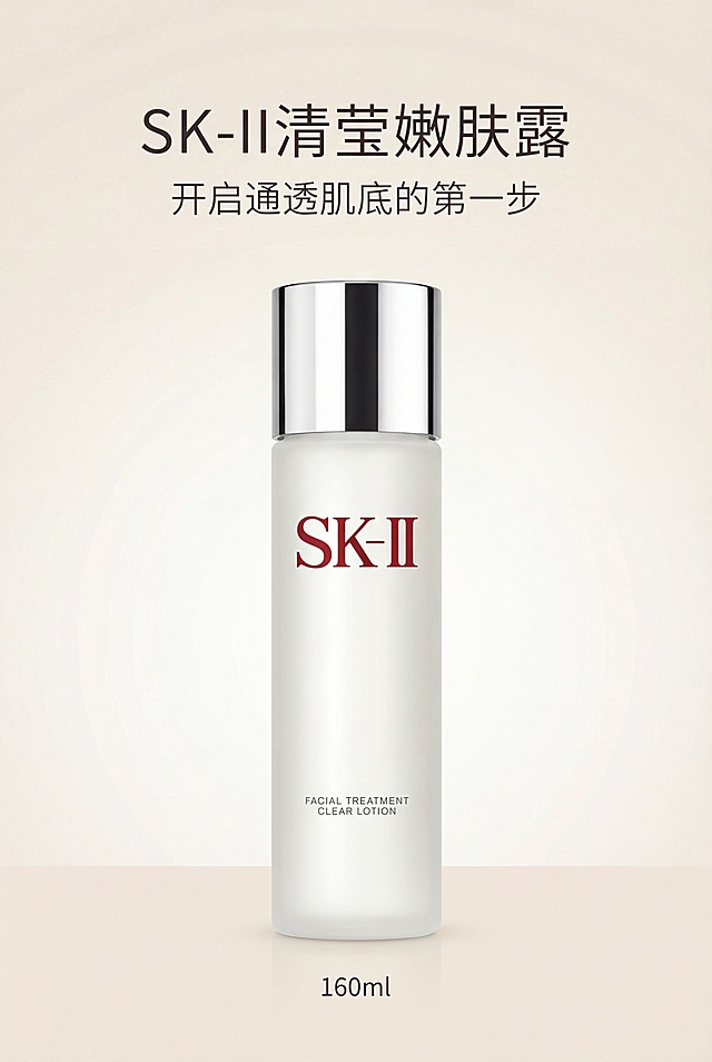 2:3竖屏，SK-II清莹嫩肤露160ml产品主视觉海报，严格还原参考产品图，包括包装设计、颜色、LOGO位置、文字内容、图案元素等所有细节，产品外观必须与参考图完全一致，不得改变包装设计、配色方案或品牌元素，保持产品磨砂雾面瓶身+高光泽金属旋盖的真实材质质感。画面中央垂直居中展示产品，背景为纯净渐变米白色，顶部用精致无衬线字体写主标题"SK-II清莹嫩肤露"，副标题"开启通透肌底的第一步"，底部小字标注"160ml"，整体极简轻奢风格，光线柔和均匀，高级干净通透，无多余装饰，品牌调性统一。负面提示词：禁止改变产品包装设计、颜色、LOGO位置，禁止出现其他品牌元素，禁止模糊、噪点、低分辨率，禁止使用卡通、复古、可爱风格，禁止文字排版杂乱，禁止添加无关装饰元素