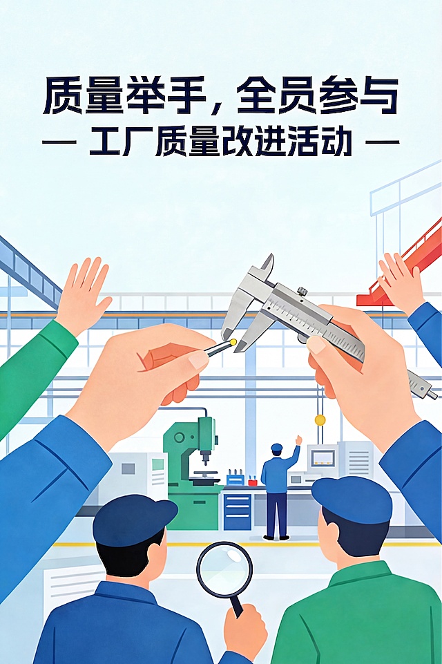 基于当前海报，去除右下角‘豆包AI生成’标识，并移除所有文字内容（标题、日期、地点、标语），仅保留画面主体：工厂车间背景、多只举手的工人、卡尺与零件、放大镜、操作员等插画元素，保持蓝绿扁平化风格，构图完整清晰