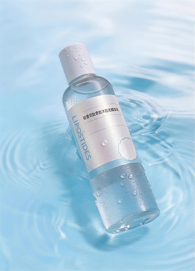 将瓶贴材质优化为白色微带珠光纸质感，保持真实水面场景，文字“丽普司肽愈创木抛光精华水”不能变形，保持原有布局和内容