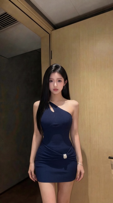 将图一的藏蓝色斜挂肩带包臀连衣裙，换到图二的人物身上，保留图二人物的长相、姿势和背景，仅更换穿搭预览效果