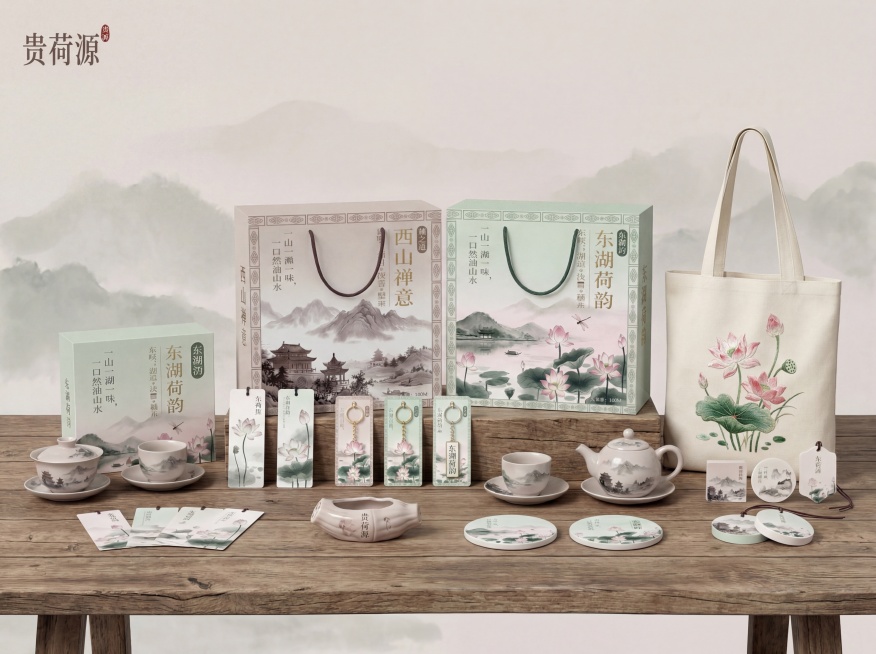 按照需求生成贵荷源品牌的系列文创产品，结合荷文化与藕粉属性，包含主题藕粉礼盒、定制陶瓷冲泡套装、水墨荷花书签、东湖荷韵钥匙扣、荷韵陶瓷杯垫、藕节造型香插、荷花刺绣帆布袋以及香片文创，整体保持国风水墨风预览效果
