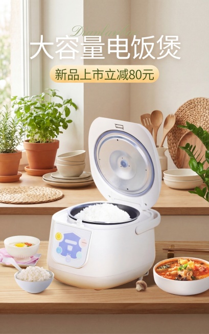 保持电饭煲产品结构不变，Logo和文字不变，将背景更换为温馨的北欧风家庭厨房场景，使用全屋漫射柔光，低对比度柔和阴影，整体色调为莫兰迪奶油色系，搭配木质台面、窗边绿植和精致的餐具作为搭配道具，保持电饭预览效果