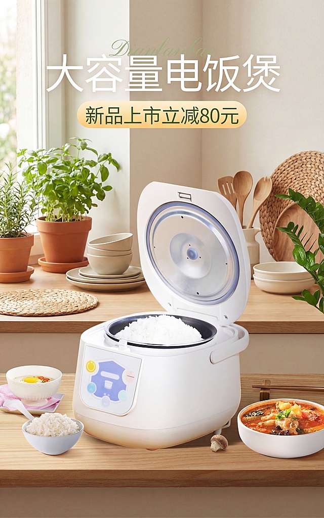 保持电饭煲产品结构不变，Logo和文字不变，将背景更换为温馨的北欧风家庭厨房场景，使用全屋漫射柔光，低对比度柔和阴影，整体色调为莫兰迪奶油色系，搭配木质台面、窗边绿植和精致的餐具作为搭配道具，保持电饭煲光影与环境一致，添加自然的接触阴影，边缘无抠图痕迹，风格为国内电商氛围感种草风