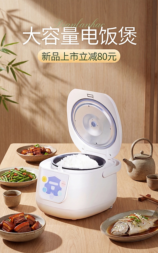 保持电饭煲产品结构、Logo和原有文字不变，将周边饭菜替换为中式家常菜，整体风格更换为东方禅意新中式风格，使用自然侧光搭配竹叶投影，背景为简洁原木质感餐桌，搭配粗陶餐具、茶具作为道具，光影与环境匹配，添加自然柔和的接触阴影，融合自然真实