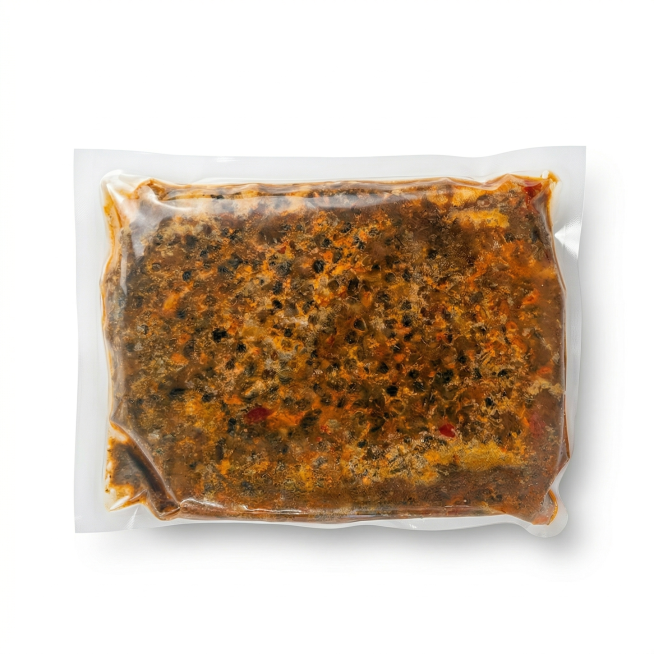 精修真空包装螺肉食材商品图，替换为纯净纯白色背景，生成真实接触阴影，去除原图多余杂质和阴影，提升画质，超清画质，智能降噪，细节锐化，8k分辨率，商业棚拍柔光，通透体积光，柔和阴影，抚平包装袋褶皱，保持预览效果