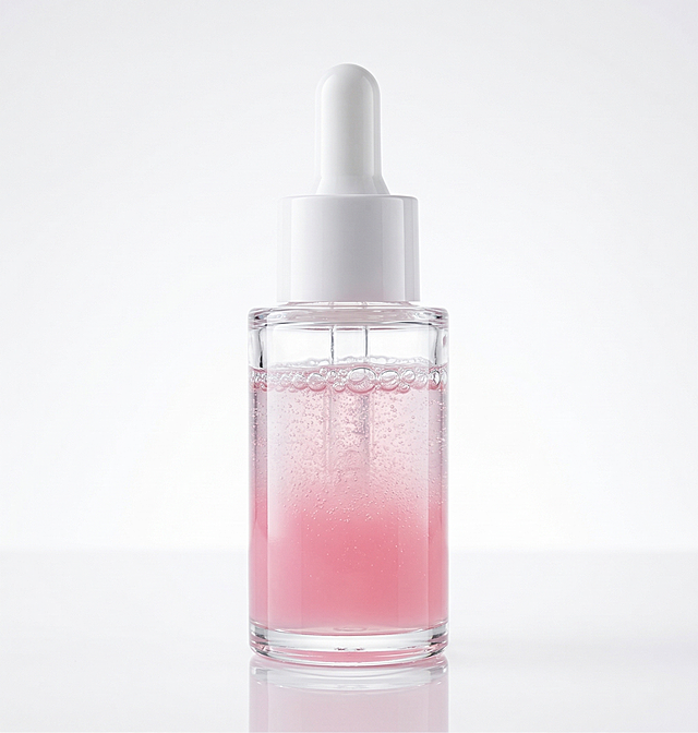 对粉色渐变精华液玻璃瓶进行商业级精修，去除玻璃瓶表面的瑕疵划痕，去除玻璃瓶左上角的棕色杂质，重塑商业光影，增强玻璃瓶体积立体感，强化玻璃通透材质和粉色液体的明暗关系，提升整体质感和高级感，提高整体画面亮度，保留产品原有结构形态和气泡细节