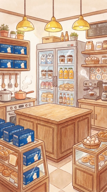 治愈系暖色调手绘插画，现代化面包店室内厨房场景，操作台背后的冰箱里放着牛奶、咖啡、橙汁，两侧货架和展示柜里的片状面包全部替换为蓝色的豪士藜麦吐司礼盒，还摆放有鸡蛋。画面正中间是一个空的木制厨房操作台，预览效果
