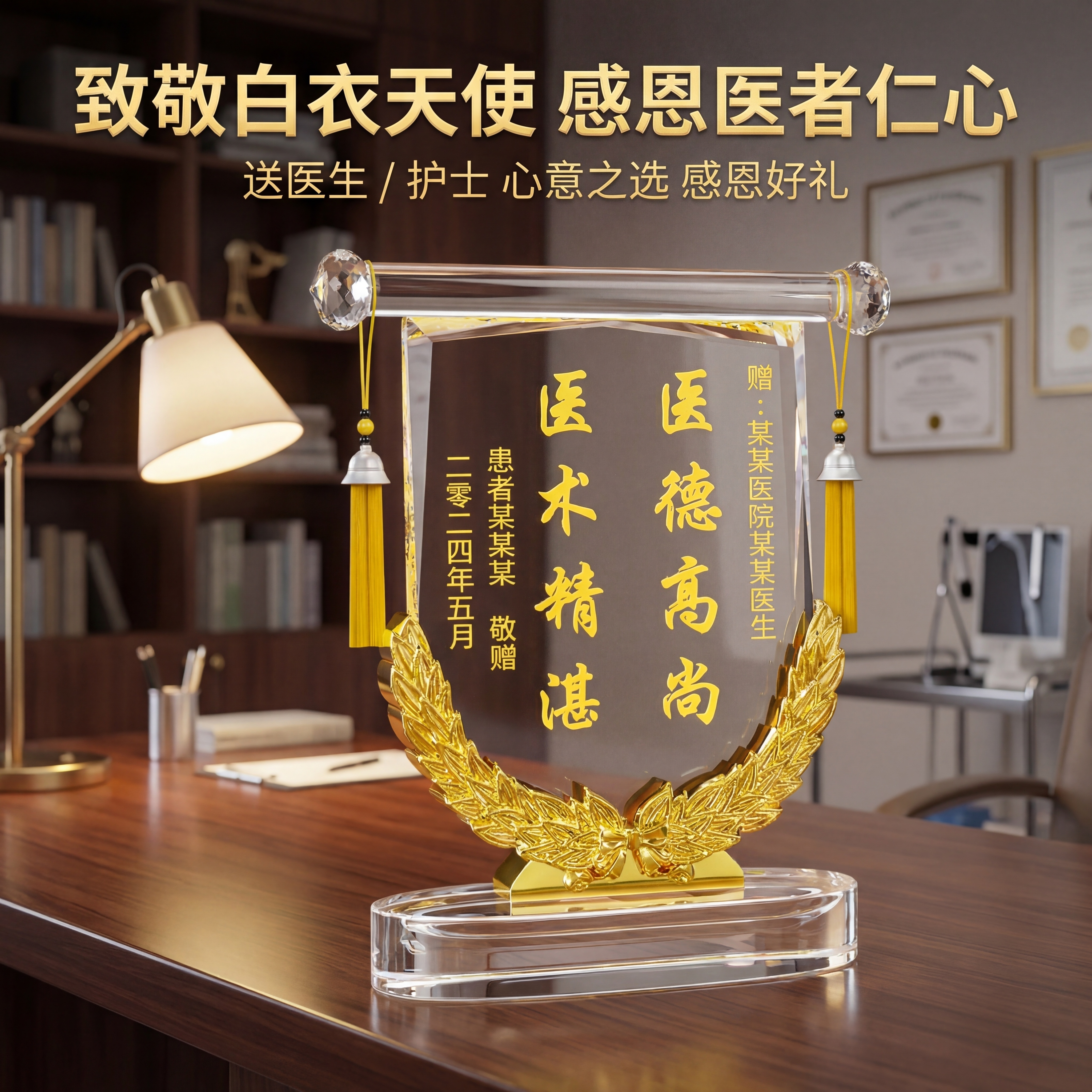 严格还原上传的水晶奖牌产品图所有细节，包括包装设计、颜色、LO… - 图片创意预览