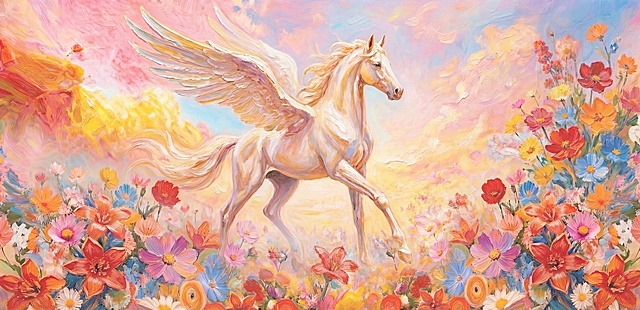 增加整体画面特别是天马的梦幻氛围，保留天马原有的白粉暖调色彩感觉，增加朦胧柔和的光影效果，让色彩过渡更轻柔浪漫，保留厚涂油画质感和现有姿态、比例、尺寸不变