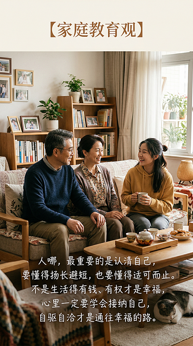 温馨和谐的家庭场景，画面中有一对中年中国父母和一位中国大学生女孩，三人坐在一起温和交流。画面上方清晰书写正确的中文标题【家庭教育观】，画面中清晰书写正确的中文文字："人哪，最重要的是认清自己，要懂得扬长避短，也要懂得适可而止。不是生活得有钱、有权才是幸福，心里一定要学会接纳自己，自驱自洽才是通往幸福的路。"，所有文字书写清晰、排版整齐，整体画面温暖治愈，充满生活气息