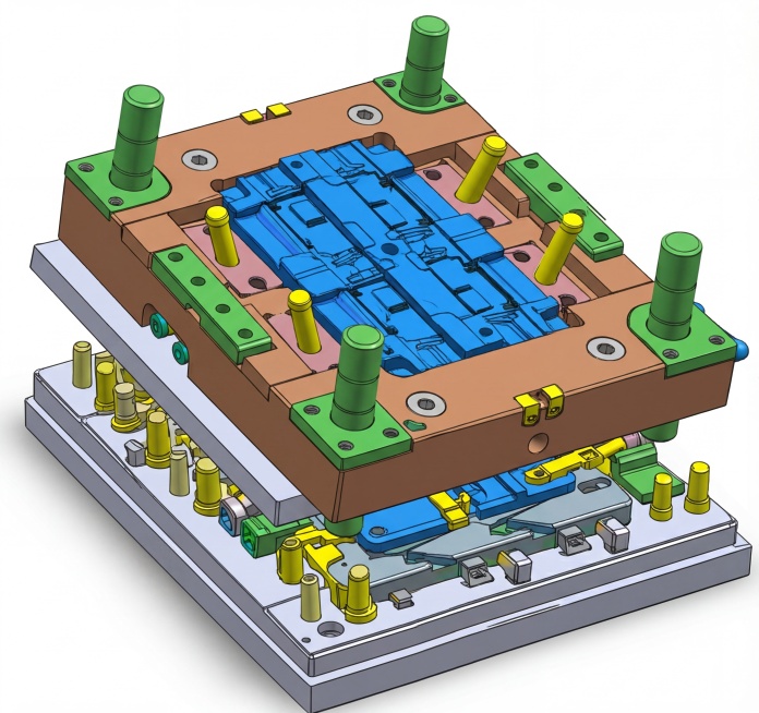卡扣固定件外壳注塑模具3D模型图，分层爆炸视图，不同结构部件用蓝、绿、黄、棕、银等区分颜色，清晰展示模腔、导柱、模架、卡扣结构、固定孔位等细节，纯白背景，工业建模渲染，质感清晰锐利，和之前确认的3D模预览效果