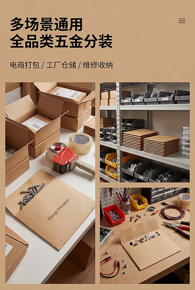 严格还原上传产品参考图，精准复刻包装设计、产品配色、LOGO位置及比例、文字内容及字体、图案元素及细节，无任何偏差，色彩无失真。产品与画面中其他物体的比例遵循真实物理空间逻辑，视觉协调，比例还原1:1，杜绝比例失衡、视觉突兀。工业极简高级质感。主标题"多场景通用 全品类五金分装"，画面上方居左加粗无衬线字体。副标题"电商打包 / 工厂仓储 / 维修收纳"，精简小字辅助说明。信息布局：左上文案，画面分割展示三大实景：电商打包台面、工厂货架收纳、维修工具分类角，统一摆放本品使用场景。排版形式：场景分镜组合，规整对齐，留白协调，氛围统一不杂乱。设计细节：全局暖棕统一调性，自然柔光全覆盖，光影柔和统一；场景真实写实，无夸张美化，凸显商用刚需属性。负面提示词：场景拼接违和、画面色调不一、背景杂物堆砌、人物表情僵硬、环境脏乱、光影割裂、比例失衡、滤镜网红风、卡通特效、文字重叠、噪点明显、模糊虚化、装饰浮夸