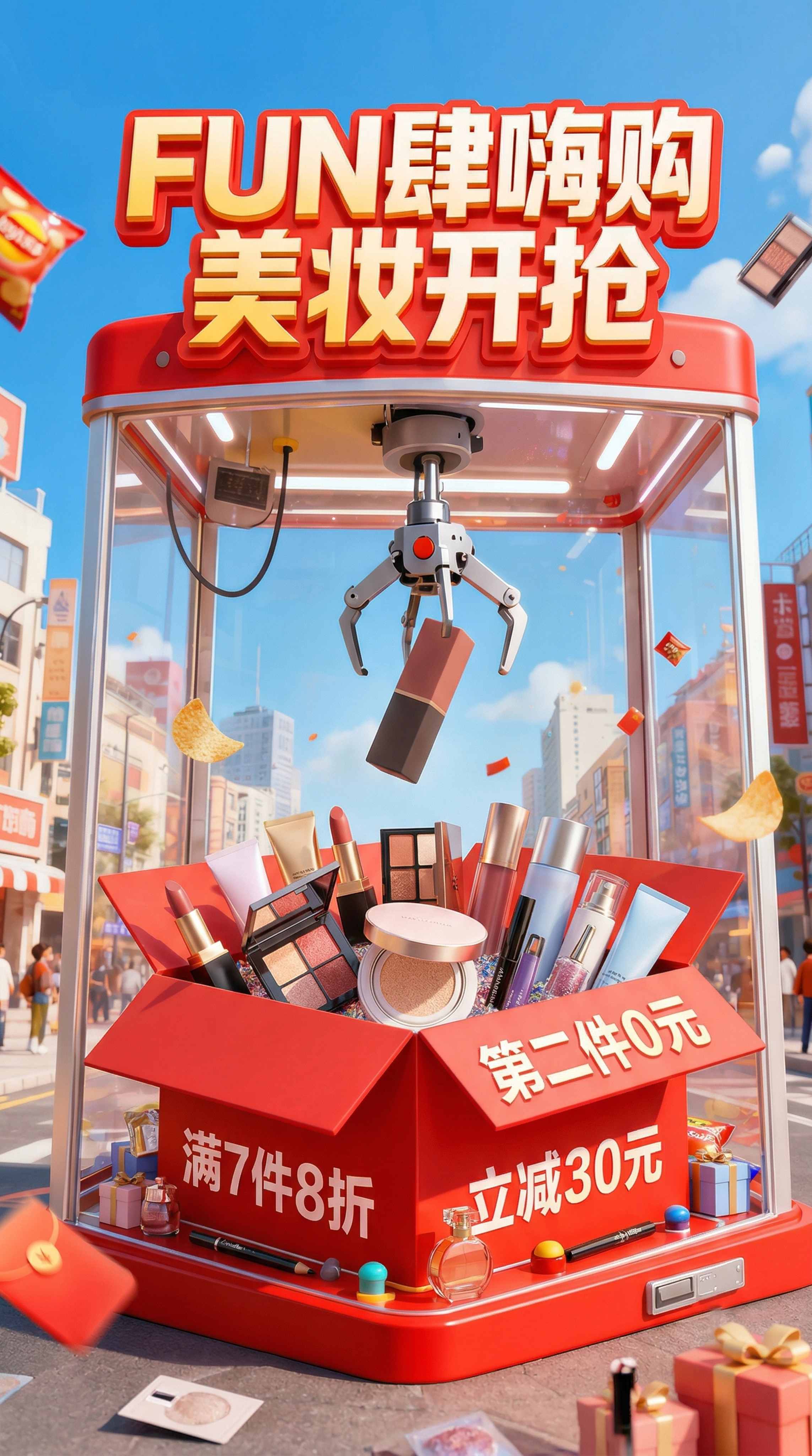 3D卡通写实风电商促销海报，中心是巨型红色抓娃娃机，内部是装满… - 图片创意预览