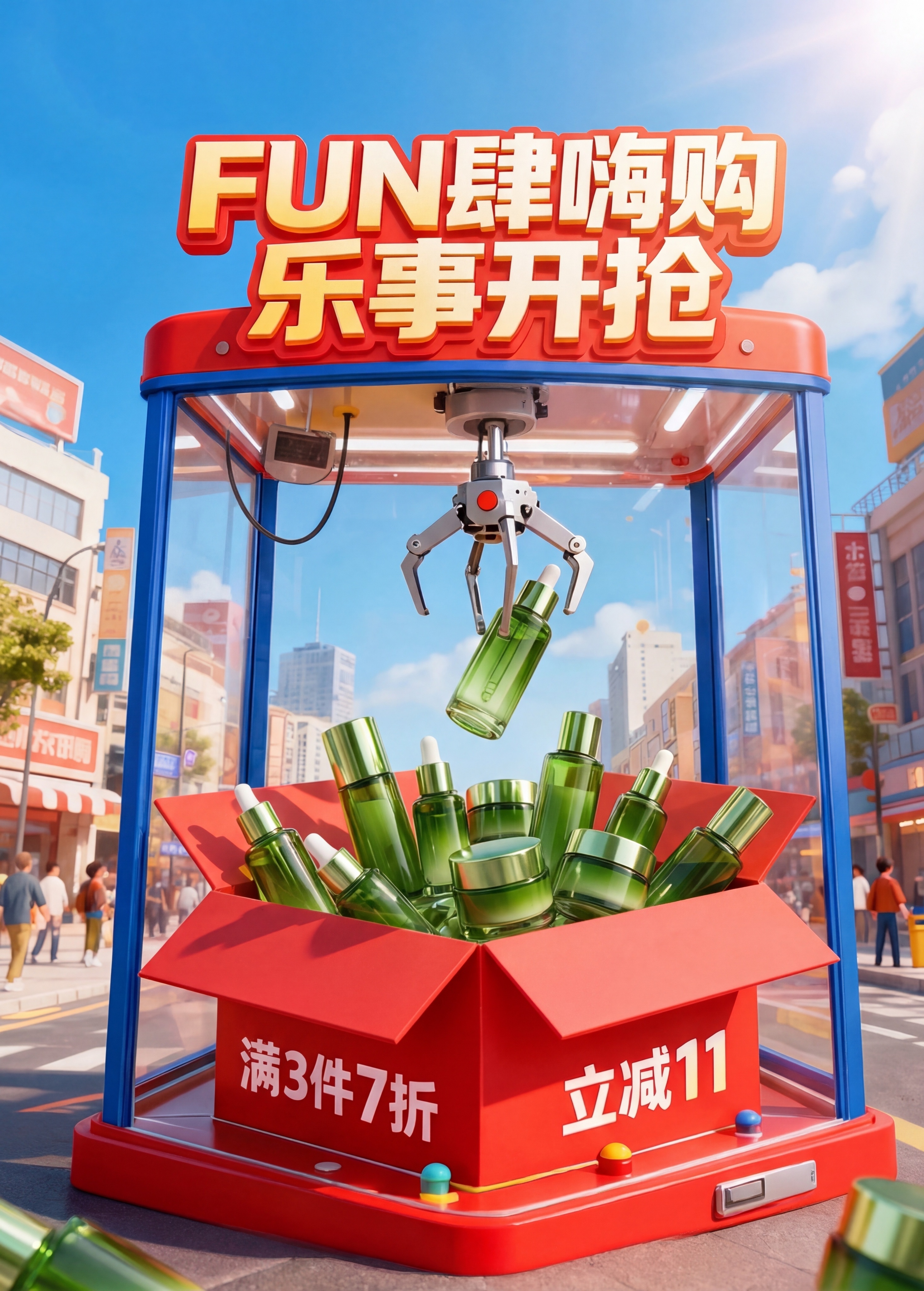 参考这张促销海报，保持相同的娃娃机构图、红蓝配色、文字排版和户… - 图片创意预览