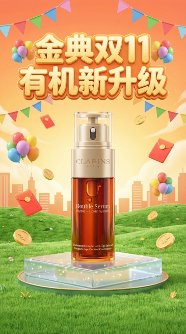 3D卡通风格电商海报，金典双11促销场景，背景为绿色草原、城市天际线、橙色渐变天空，悬挂彩色三角旗、气球、红包和金币，中间设置玻璃展示台，展示台上放置娇韵诗CLARINS双萃赋活修护精华露，保持透明红预览效果