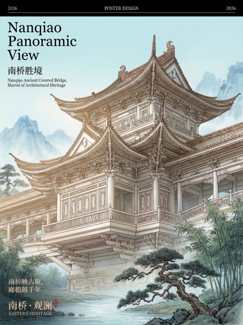 保持现有南桥建筑的结构、线稿风格、所有文字排版和3:7图文权重不变，为南桥补充古代场景：背景为淡青色晨雾晕染的朦胧天空，远处点缀淡墨色的连绵青远山，南桥下方是澄澈的古堰河流，河畔生长着苍劲的古松与青竹预览效果