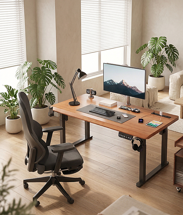 保持升降桌和办公椅产品主体物理结构不变，保持产品所有部件完整不缺失，保持原有文字和标识不变。替换去掉原有场景角落的置物架和墙面装饰，更换为全新的北欧自然风居家场景，使用通透自然光，浅木色木地板，搭配龟背竹绿植，柔和光影，商业高调摄影，保留前中后景层次，整体松弛通透的原生态氛围，避免产品结构扭曲变形，保持产品透视和比例正确