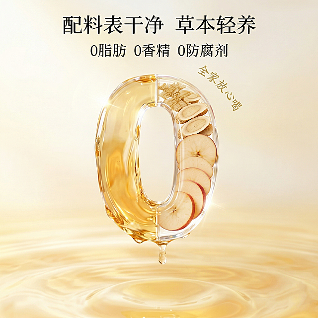 将背景调亮，营造柔和明亮的氛围；中间液体部分保持高透彻感与光泽，突出清澈流动质感；整体色调温暖自然，保留原图文字与构图不变