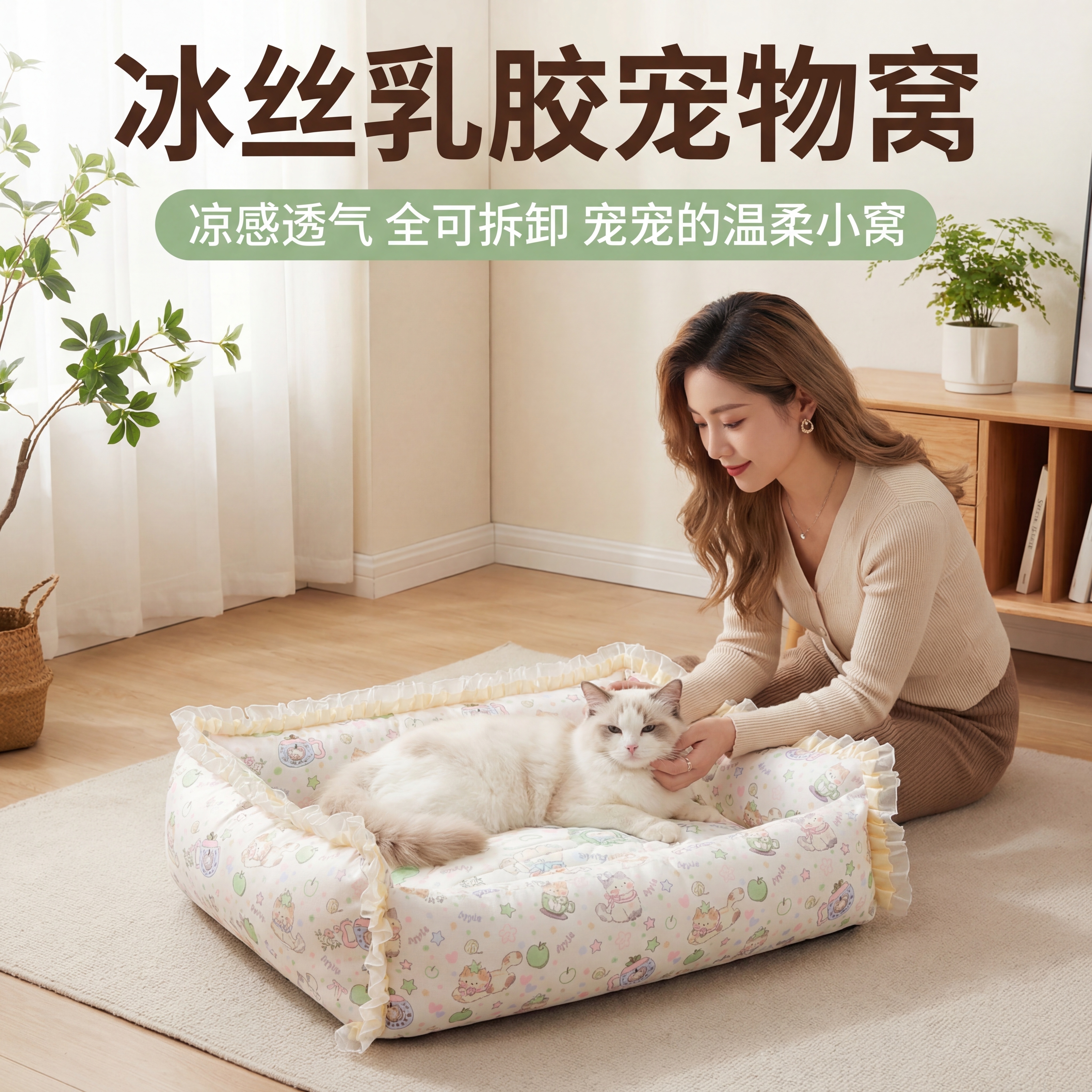 严格还原参考图产品细节，米白色嬉引力冰丝乳胶宠物窝，保留蕾丝花… - 图片创意预览