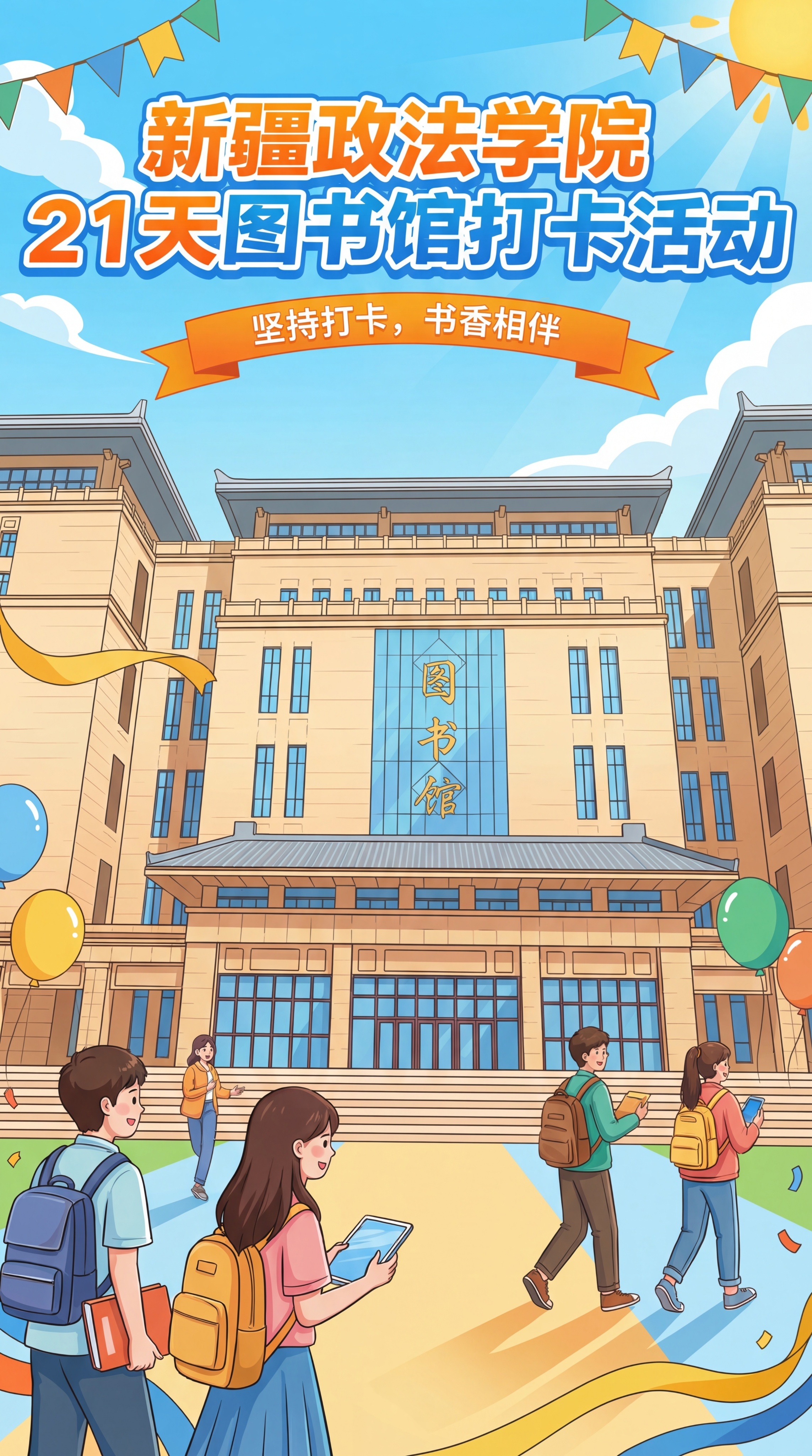 将这张新疆政法学院21天图书馆打卡活动海报取消日历打卡模块，重… - 图片创意预览