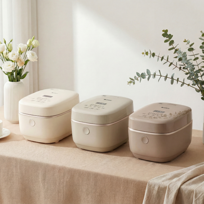 将三个不同颜色（燕麦米、浅卡其色、奶茶色）的饭煲放入该场景图中，保持饭煲原有质感不变，摆放自然协调，保留场景的暖米色布艺台面和白色花朵绿植装饰，柔和光影风格一致预览效果