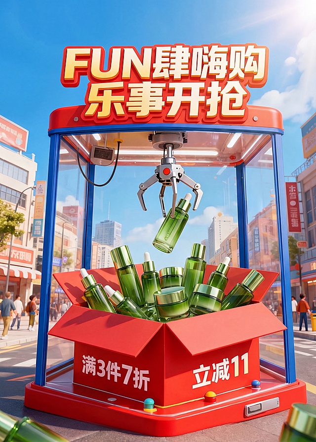 参考这张促销海报，保持相同的娃娃机构图、红蓝配色、文字排版和户外城市氛围，只更换中央的产品为绿色玻璃瓶护肤品，保留所有原有促销文字不变，光影融合自然，产品结构和logo保持原样。
