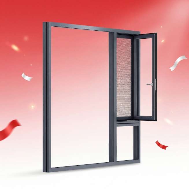主体为铝合金门窗，保持结构不变，背景采用红白色渐变，与参考图相似度50%，柔和漫射光，画面明亮通透，高质感金属表现，商业摄影风格预览效果
