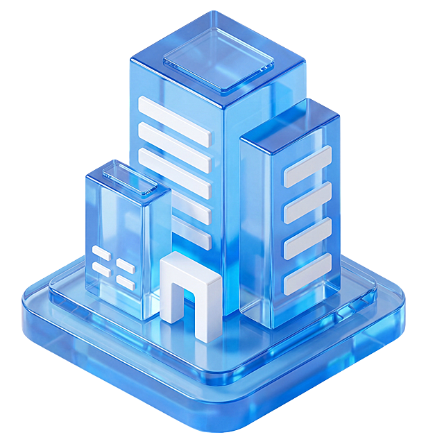 参考案例风格的3D蓝色玻璃质感房地产行业小图标，建筑造型简约通透，玻璃材质清透有光泽，搭配白色细节，纯色背景，高质量，光影柔和自然，质感细腻精致