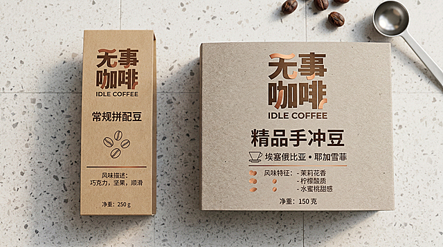 为无事咖啡 IDLE COFFEE设计2款咖啡豆袋腰封，极简主义风格，延续品牌棕红+橙红主色调与LOGO字体，一款用于常规豆袋（竖向长条形），一款用于精品手冲豆（横向宽幅），包含品牌名、产品名、风味描述、净重等信息，排版简洁清晰，材质质感高级