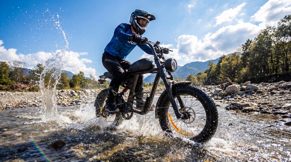 极致写实，户外涉水路段越野场景，蓝天白云，视觉角度富有冲击力。佩戴专业全遮罩头盔的外国骑手，身着专业蓝色骑行服和黑色裤子，驾驶参考图中的电动自行车在浅滩涉水行驶，车轮激起水花，阳光照射下水花通透有光泽预览效果