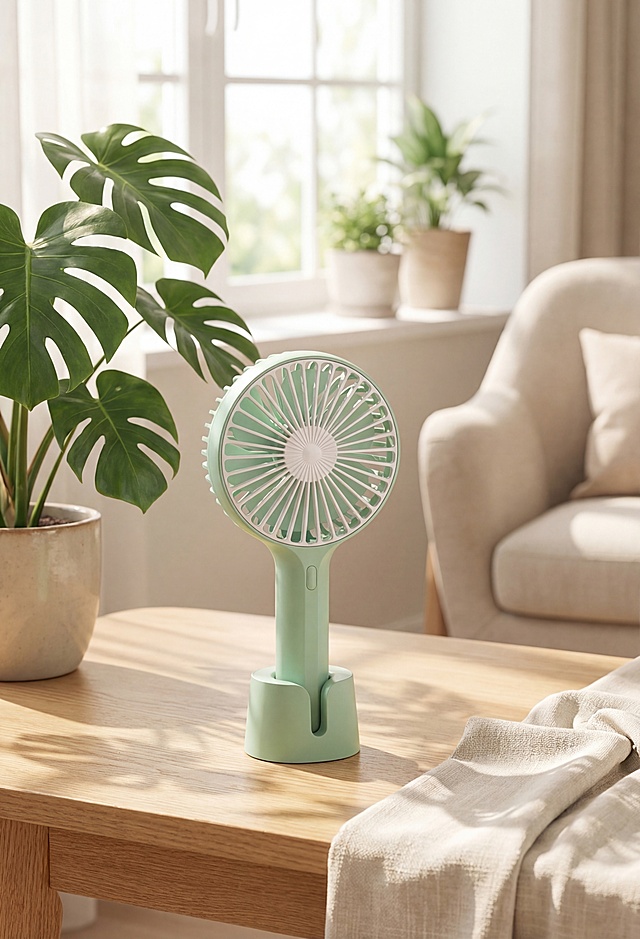保留浅绿色手持小风扇的主体结构和外观不变，将背景替换为北欧自然风的阳光窗边场景，搭配浅木色桌面、龟背竹绿植，有柔和的阳光光斑和棉麻织物点缀，使用全屋漫射柔光，低对比度，莫兰迪奶油色调，营造温馨治愈的氛围感，商品摄影，高清晰度，主体突出。