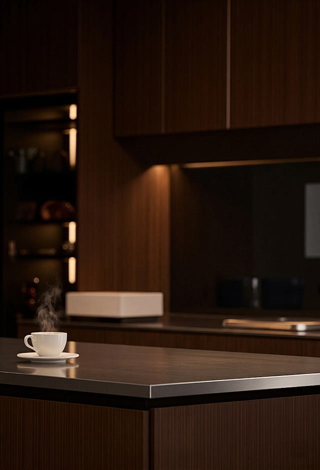 去掉桌面上的咖啡机，保留桌面、背景环境和左侧的白色咖啡杯碟子，保持整体风格、光影一致，原图构图不变