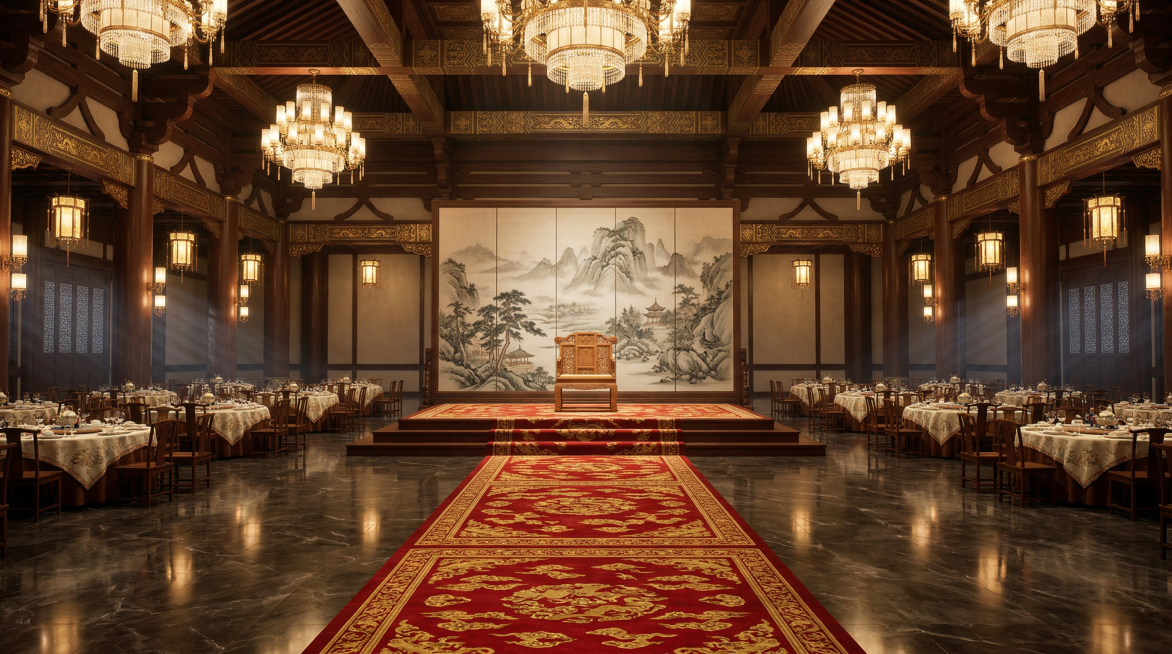 3D国漫次世代超写实风格，Unreal Engine 5渲染，8K超高清，超精细多边形建模，电影级运镜全景构图，超广角完整呈现空间，中式顶级奢华宴会大厅，12米超高挑高无柱开阔空间，超大纵深宽敞布局，预览效果