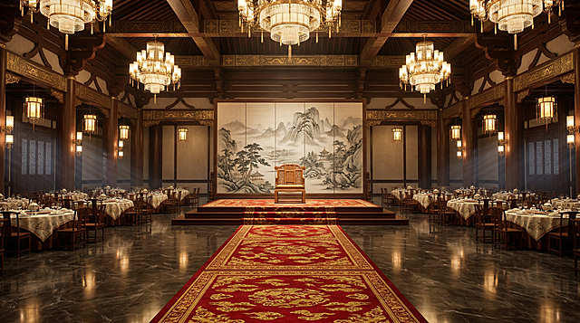 3D国漫次世代超写实风格，Unreal Engine 5渲染，8K超高清，超精细多边形建模，电影级运镜全景构图，超广角完整呈现空间，中式顶级奢华宴会大厅，12米超高挑高无柱开阔空间，超大纵深宽敞布局，空间感拉满，大气磅礴，中式皇家宫廷风奢华装修，榫卯结构雕梁画栋，手工錾刻鎏金纹饰，整根红酸枝雕花立柱，高透光大理石抛光地面，顶部悬挂多组巨型中式水晶宫灯，搭配暖光中式壁灯，全局柔和光影，体积光效果，大厅最内部设三层高位拜师台，铺大红苏绣祥云绒布台毯，台中央正位摆放一把传世海南黄花梨木满雕太师椅，木纹天然清晰，木质温润质感拉满，雕花精致繁复大气，拜师台背景是巨幅工笔山水落地屏风，大厅两侧整齐摆放中式宴会圆桌，铺刺绣锦缎桌布，整体氛围庄重肃穆，奢华贵气，拜师仪式的正式氛围感，无多余杂物，画面干净通透，色彩沉稳高级