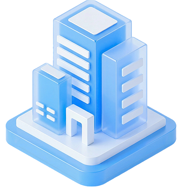 参考案例风格的3D蓝色玻璃质感房地产行业小图标，建筑造型简约通透，玻璃材质清透有光泽，搭配白色细节，纯色背景，高质量，光影柔和自然，质感细腻精致，和之前生成的样式有区分