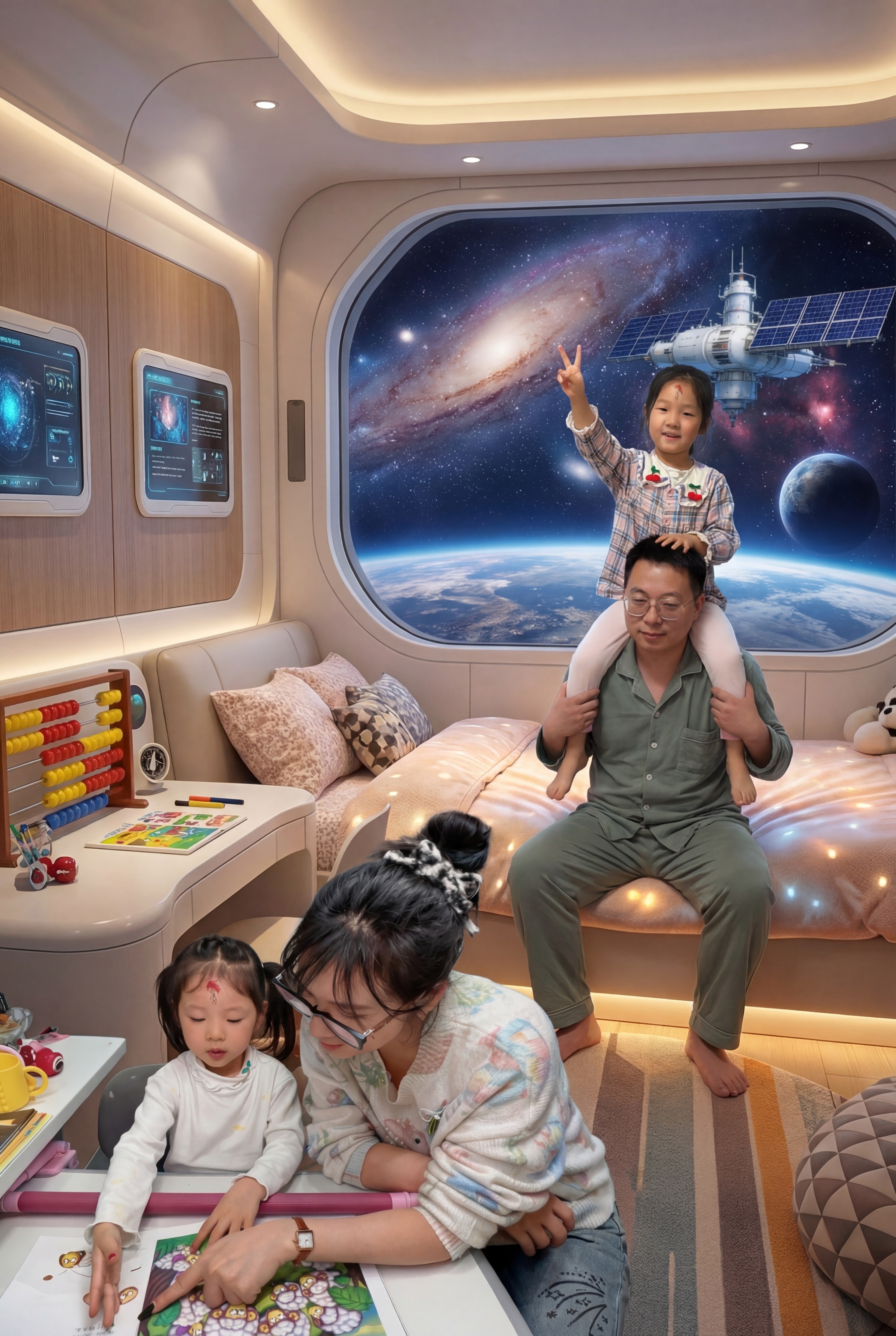 将两张参考图中的所有三个人物融合在一张A4尺寸的图片中，场景是… - 图片创意预览