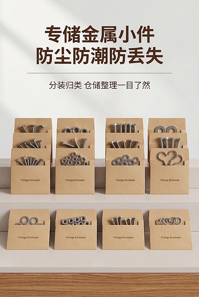 严格还原上传产品参考图，精准复刻包装设计、产品配色、LOGO位置及比例、文字内容及字体、图案元素及细节，无任何偏差，色彩无失真。产品与画面中其他物体的比例遵循真实物理空间逻辑，视觉协调，比例还原1:1，杜绝比例失衡、视觉突兀。工业极简高级质感。主标题"专储金属小件 防尘防潮防丢失"，画面上侧居中加粗无衬线深棕字体。副标题"分装归类 仓储整理一目了然"，主标题下方简约细体搭配。信息布局：顶部标题，中层多组分装装好五金配件的信封袋有序陈列，底层极简仓储台面布景。排版形式：居中对称构图，分层陈列产品，大面积留白提升高级感，卖点视觉化呈现。设计细节：暖原木色系统一配色，室内顶光柔和漫射，无明暗反差；轻微哑光质感，凸显纸质防潮实用属性，点缀小型收纳货架边角极简装饰。负面提示词：陈列杂乱、配件乱飞、画面拥挤、潮湿水印、色彩暗沉、反光强烈、字体潦草、人物乱入、卡通元素、特效光斑、产品堆叠畸形、画质模糊、纹理造假、背景繁复、色差严重