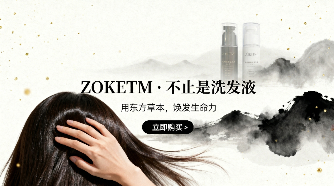 将图中远景的洗发液瓶更换为上传的ZK-I磨砂黑金瓶和ZK-II哑光白金瓶，保留原有的水墨山水背景、手抚发丝的前景、金色光点、文案与立即购买按钮，维持整体东方静谧雅致的氛围，瓶身保持半透明朦胧的远景效果预览效果