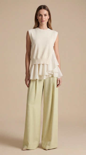 女模特穿着图中米白色无袖针织上衣和浅黄绿色阔腿长裤，露脸全身照，商业高级拍摄风格，质感高级，光影柔和，极简纯色背景，时尚大片质感，服装还原产品细节预览效果