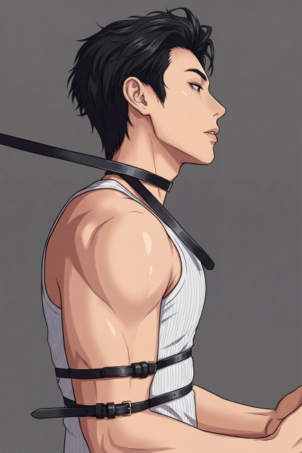 将这张照片转换为动漫风格，保留原始人物细节、肌肉轮廓、黑色皮绑带装饰、白色背心、灰色背景和配色方案不变，保留人物姿势和构图，转换后保持清晰干净预览效果