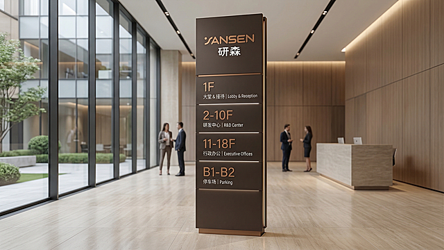 基于参考的YANSEN研森LOGO设计一块集团公司的立式导视牌，主色调为棕色，设计风格现代精致简约高级，展示LOGO在导视牌上的应用效果